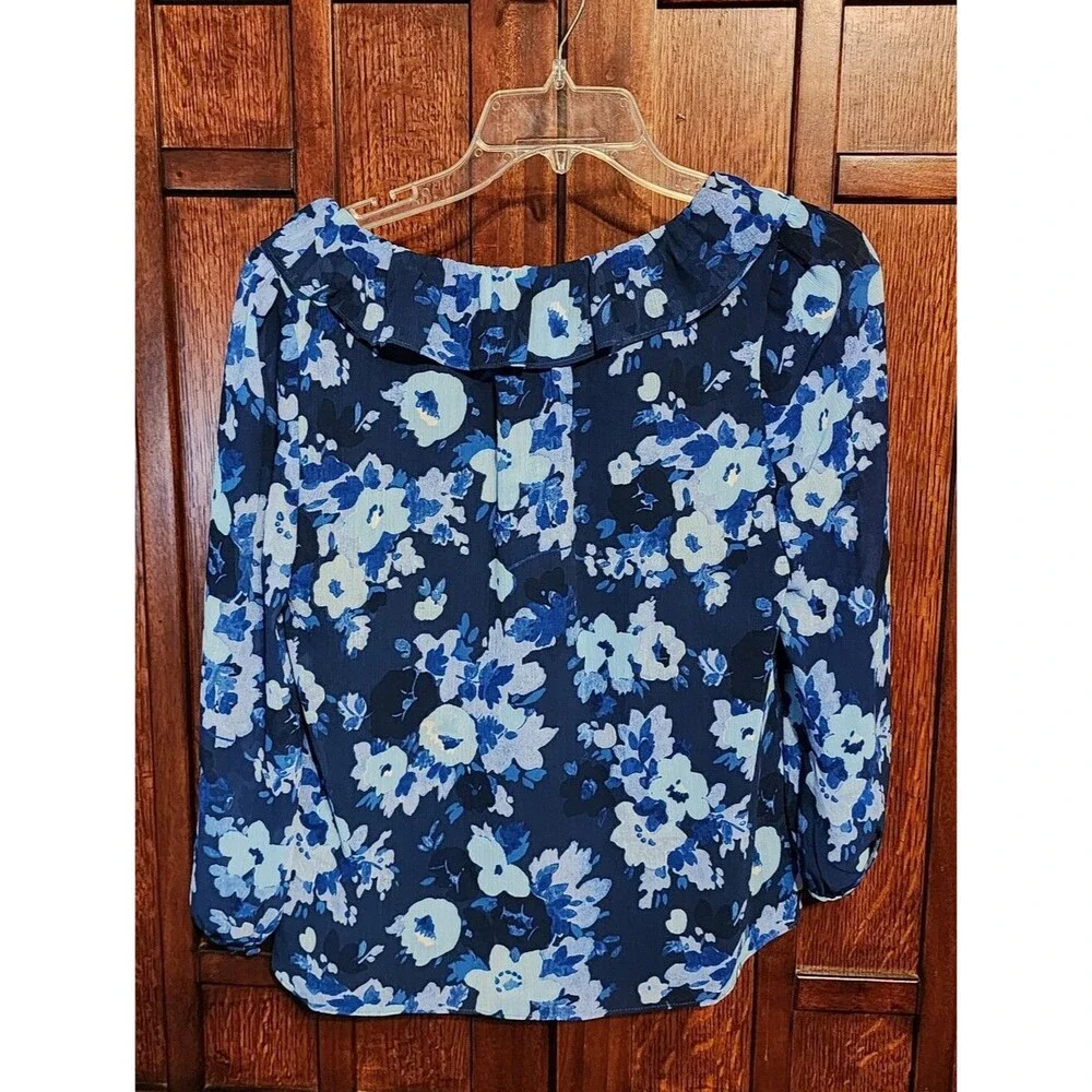 J. Crew Ruffle Trim V-neck Blouse, Blue Floral, XS